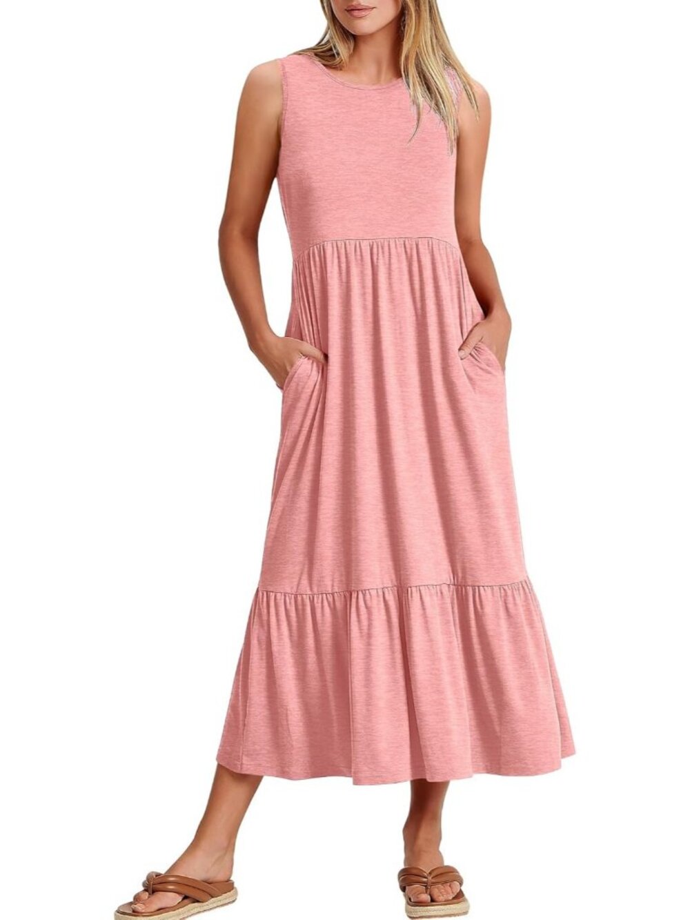 Women's Pink Crewneck Summer Sleeveless Sundress Aline Flowy Tiered Long Maxi